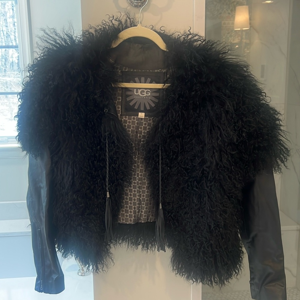 UGG Sekani Mongolian Long Hair Sheepskin & Leather Jacket Vest Size M